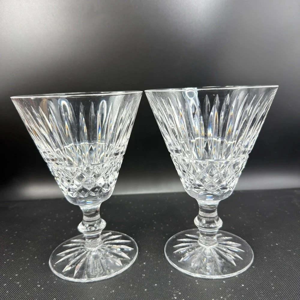 Waterford Crystal Tramore Tall Cups Glasses Set of 2 Cut Glass Goblets Signed‎